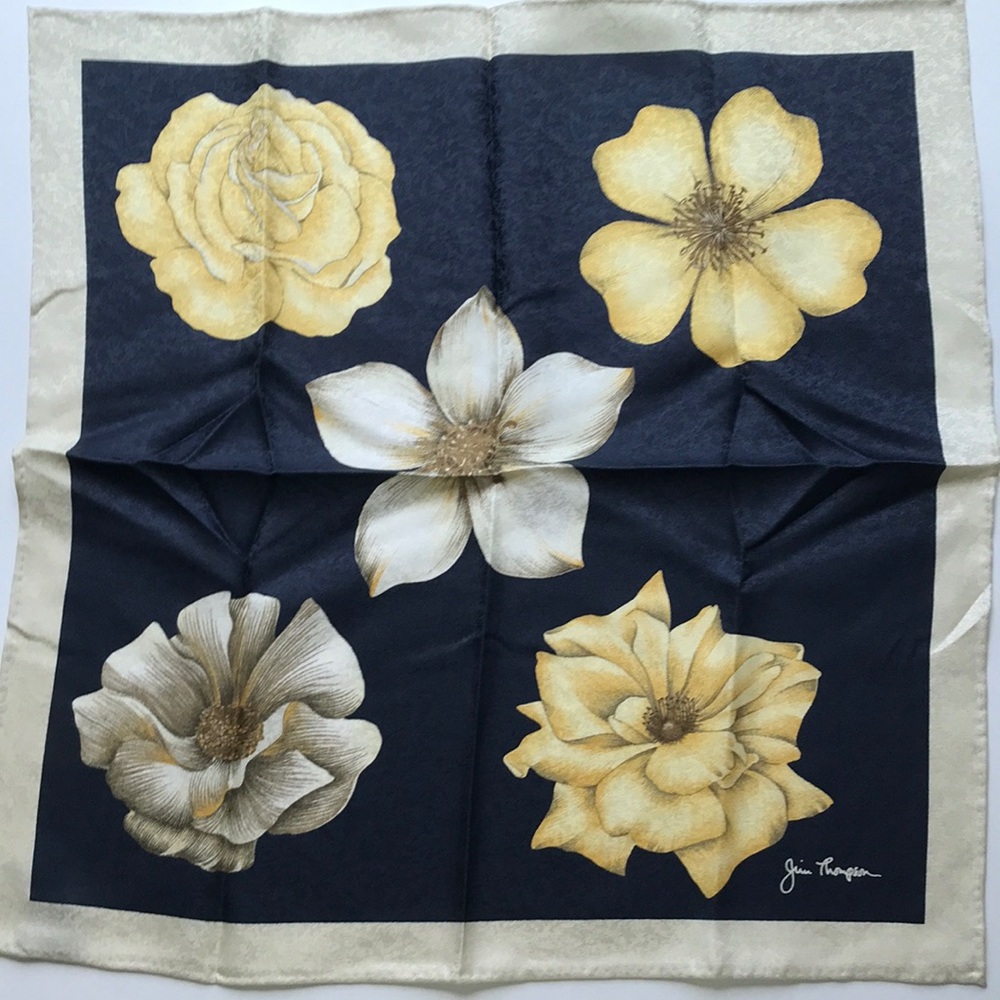 JIM THOMPSON 100% SILK SCARF NAVY FLORAL SQUARE HAND ROLLED HEM